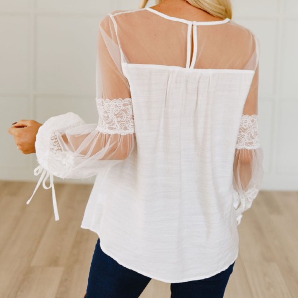 Boho Lace Sheer Balloon Sleeve White Blouse - Picture 2 of 2